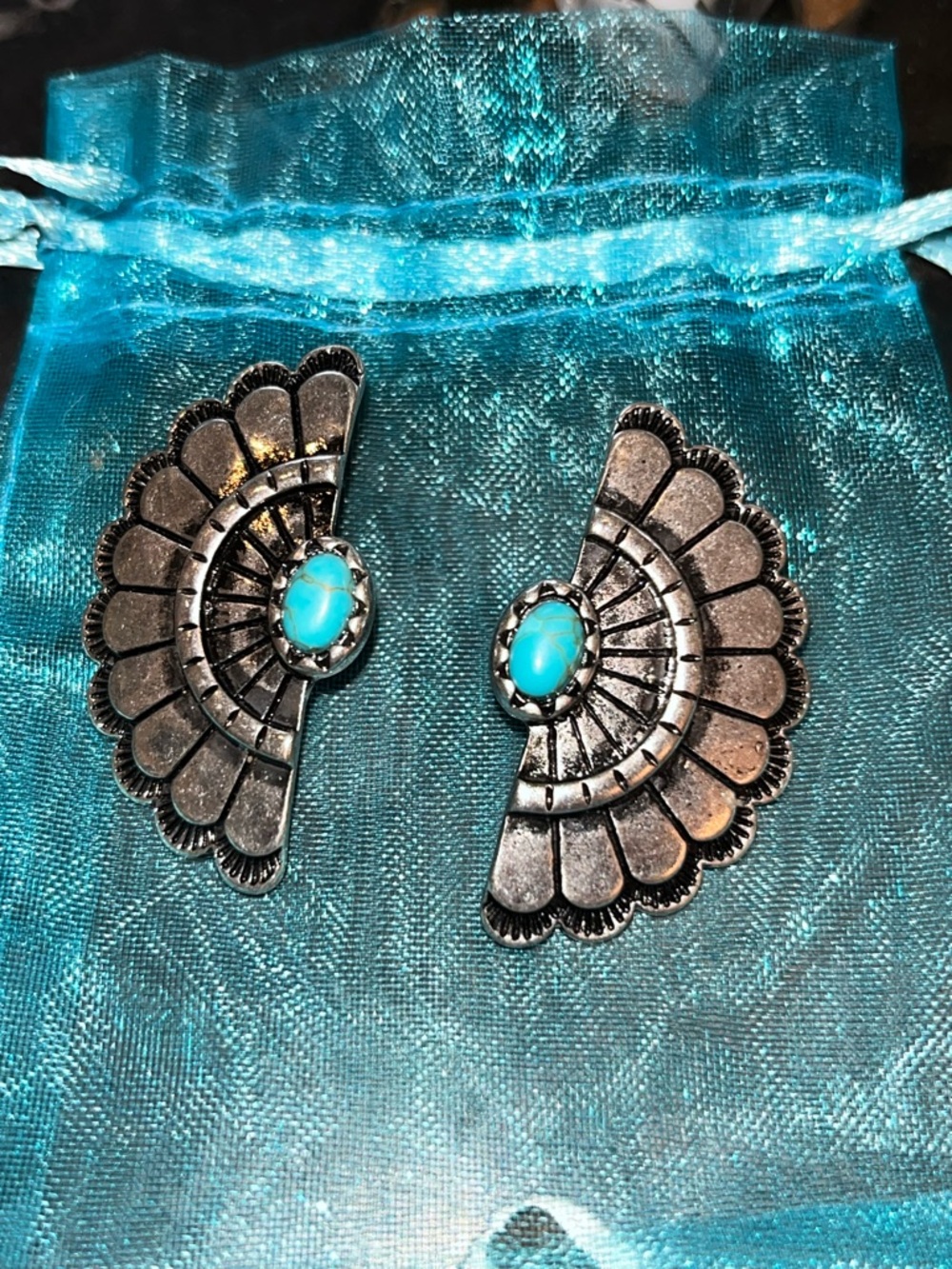 FAUX Turquoise Accent Fan-Shaped Silver Earrings - Women Jewelry